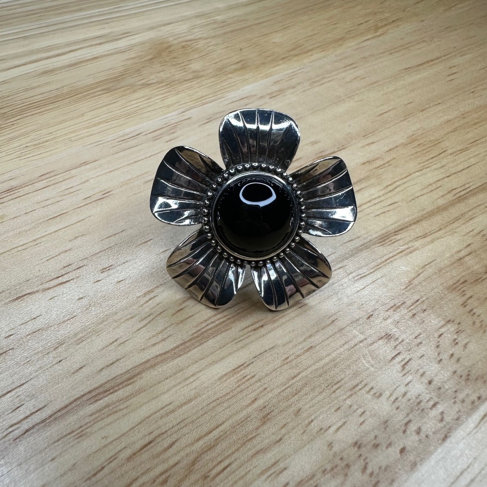 ATR Sterling Silver Black Onyx Flower Statement Ring Size‎ 6.5 Thailand 925